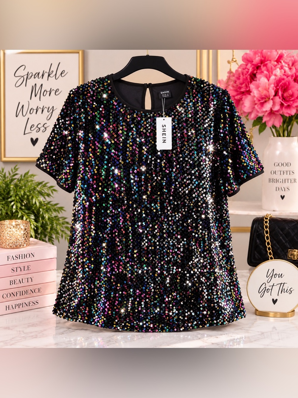 SHEIN 3X Black Multicolor Sequin Short Sleeve Top NWT